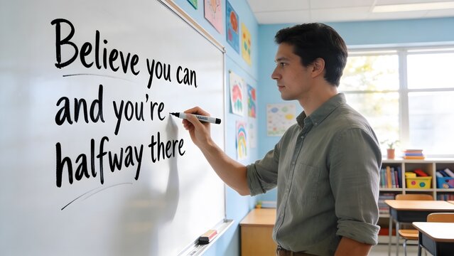 Teacher Writing Motivational Quote on Whiteboard in Classroom.