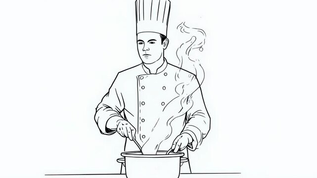 Chef Cooking Food in Pot Line Art Vector Illustration