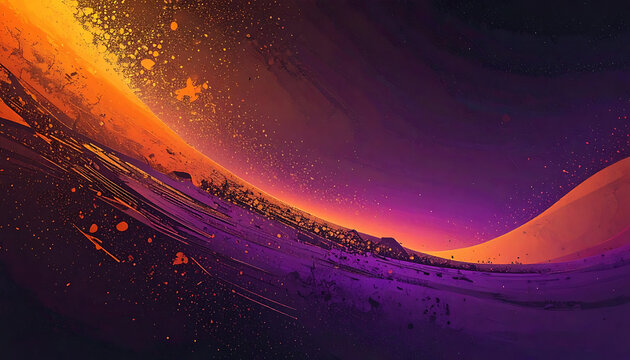 Vibrant abstract wave of orange and purple pixels with glowing particles, digital art background