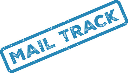 A striking blue textured rubber stamp explicitly showing the words MAIL TRACK on a crisp white surface © DESIGN HUB