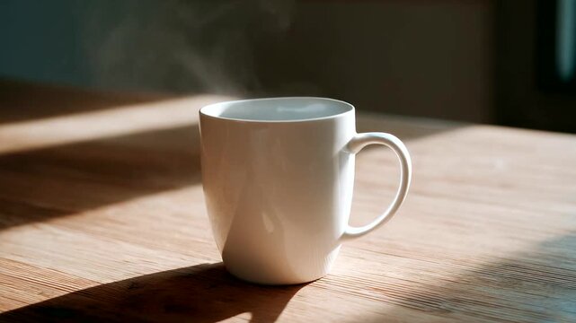 Steaming white mug on wooden table in cozy setting