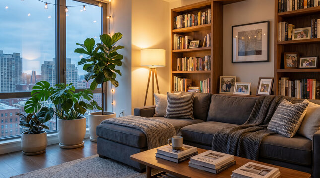 A Modern Urban Living Room Interior Design with Cozy Sofa, Bookshelves, and Lush Green Plants Creating a Warm and Inviting Atmosphere for Relaxation