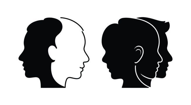 Human mind psychology concept icons dual profile heads communication therapy vector illustration