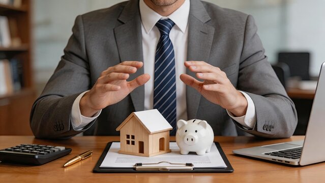 Man hands protecting miniature house model and piggy bank on desk, symbolizing home insurance, property investment security, mortgage protection, and personal finance savings plan