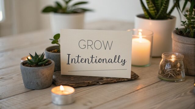Inspirational sign on a wooden surface with succulents, candles, and a cozy atmosphere promotes personal development and mindful living in home decor