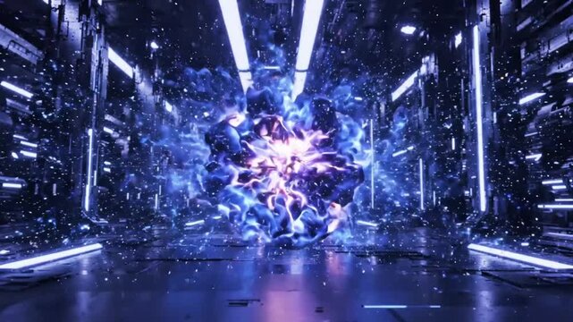 A powerful blue and purple energy burst opens suddenly with expanding neon shockwaves and glowing particle explosions that illuminate the futuristic environment with dynamic cinematic lighting