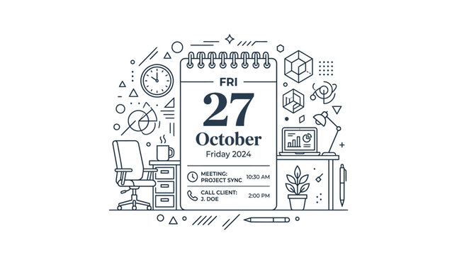 Calendar Illustration with Meeting Schedule and Office Setup