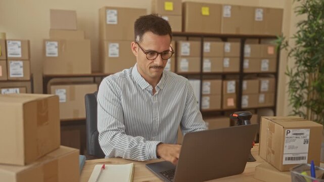 Man with moustache writing in notebook by laptop and stacked cardboard boxes in building; focused entrepreneurship productivity.