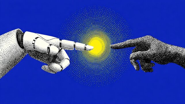 Minimalist illustration on vibrant blue background, robotic hand and halftone human hand pointing toward each other, glowing yellow dot and rings between fingertips for tech and connection themed desi