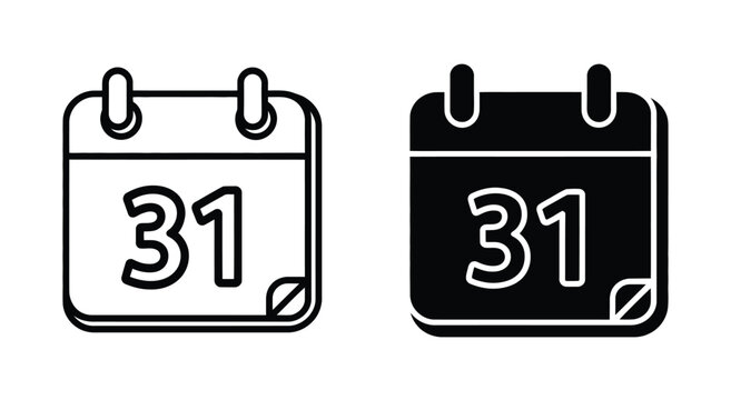 Minimalist calendar icon set showing 31st day outline and solid black styles vector illustration