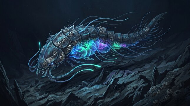 Glowing deep sea crustacean with barnacles crawling on ocean rocks