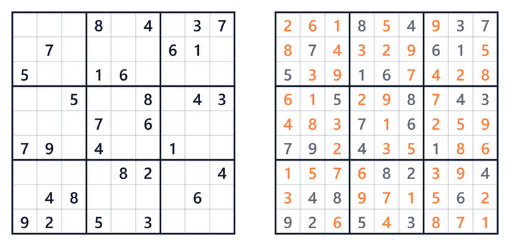 Sudoku puzzles in progress with numbers filled and empty cells on a white background