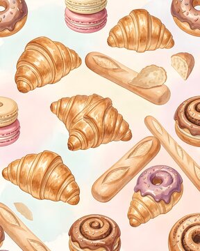 Watercolor seamless pattern of golden croissants, macarons, donuts, baguettes and cinnamon rolls,