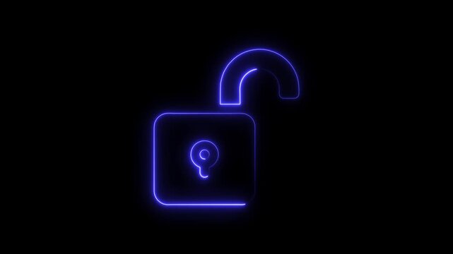 Glowing neon open padlock animation for cybersecurity and data protection concepts