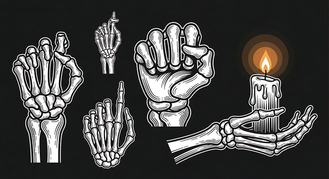 Skeleton hands with candle gesture.