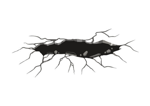 Realistic cracked ground hole vector illustration with broken surface and deep dark pit isolated on Transparent background for design