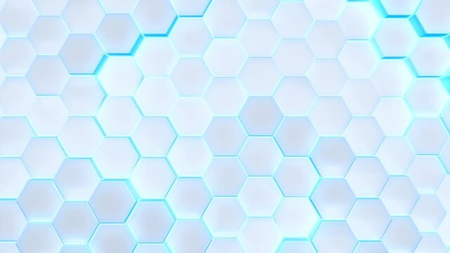 White honeycomb background of geometrical patterned hexagons with blue glow. 3d rendered hex shapes creating a visual of a sleek wavy motion for mathematical scientific or technical backgrounds. Loop