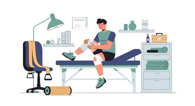 Man applying bandage on injured knee at physical therapy clinic