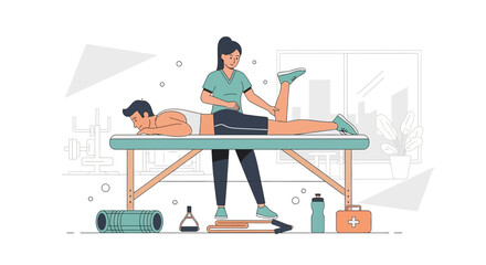 Fototapeta premium Physiotherapist assisting patient with leg extension on massage table, fitness equipment
