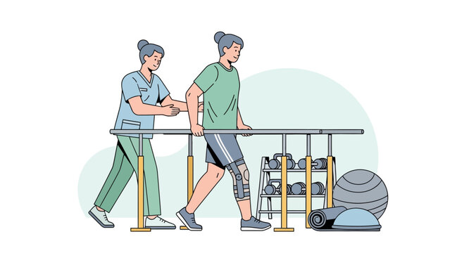 Physical therapy patient walking with parallel bars and therapist support