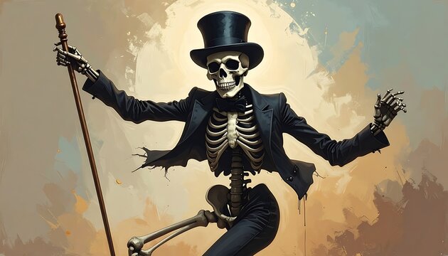 Skeleton in top hat dancing dramatically.