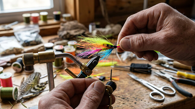 Person crafting colorful fishing fly