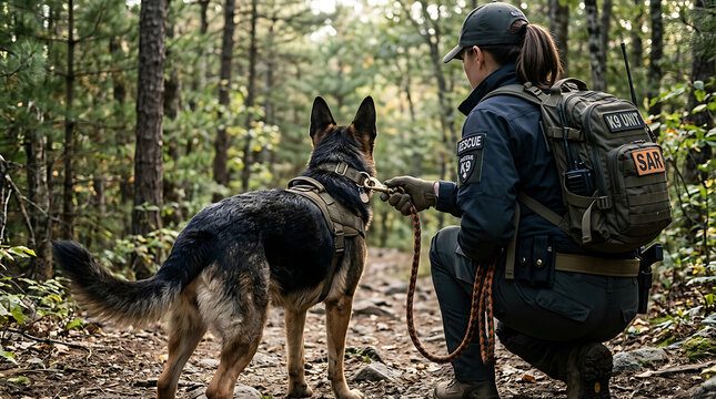 Rescue worker with dog in forest
