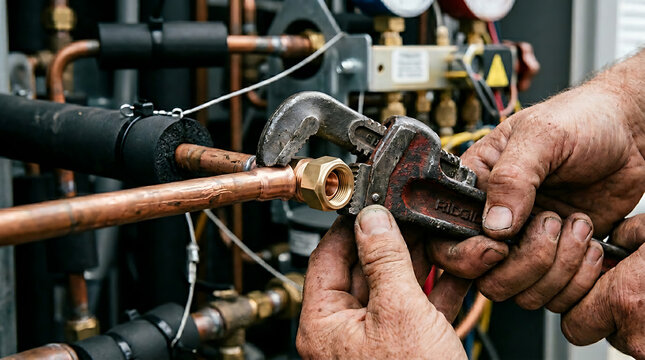 Hands using wrench on copper pipe