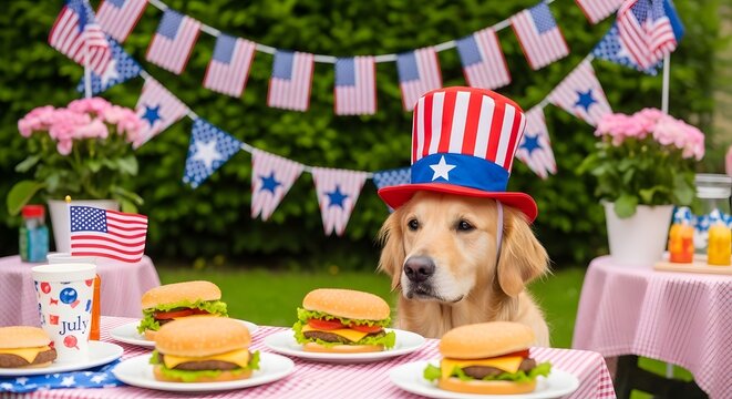 Golden retriever dog wearing patriotic hat with hamburgers for fourth of july party.