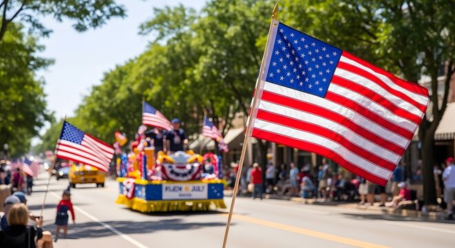 American flag on stick in foreground, parade float and people in background.