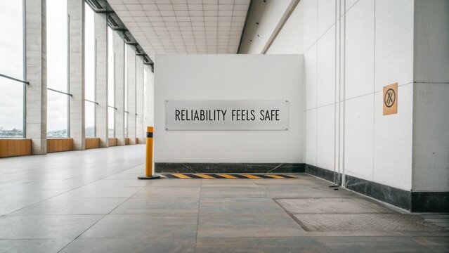Modern interior of an urban space featuring a minimalistic design, safety signage, and a clear message emphasizing reliability and safety in everyday environments