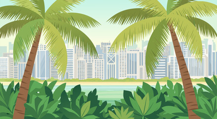Vibrant Vector Illustration of a Tropical Cityscape with Palm Trees and Lush Greenery by the Water, perfect for travel and leisure themes © Purnomo