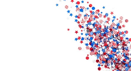 Fototapeta premium Scattered red white and blue confetti on a white background with copy space.