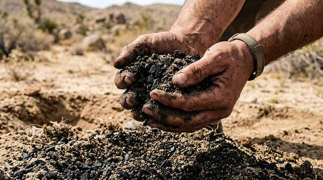 Hands holding soil in desert