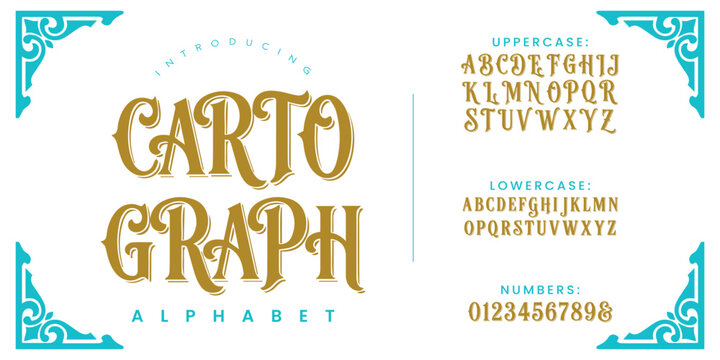 Carto Graph antique decorative serif alphabet font vector with vintage corner frame design