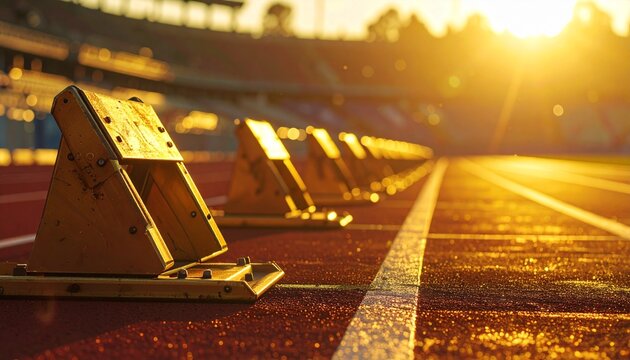 Golden sunset over a track and field stadium with starting blocks ready for a race at dusk