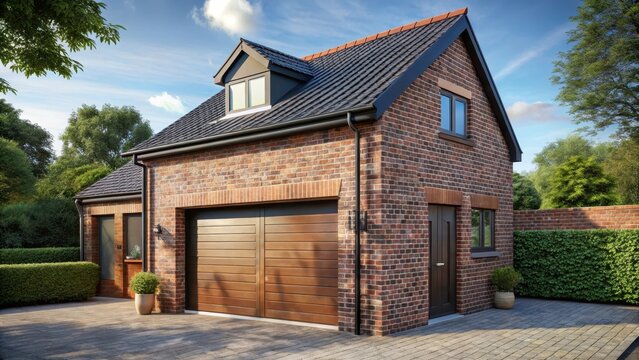 Brick garage adjacent to a house featuring a modern extension