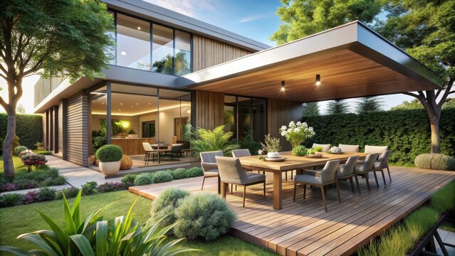 Contemporary house design with outdoor dining and lush garden