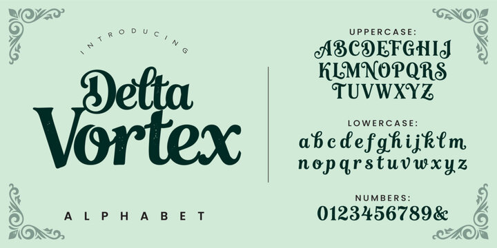 Delta Vortex unique bold wavy serif alphabet font vector with vintage ornament layout