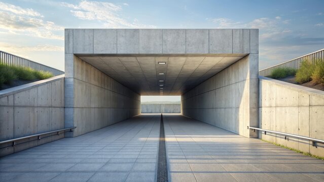 A pedestrian underpass entrance with smooth concrete walls isolated on white background