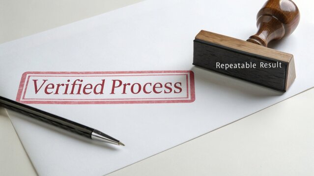 Rubber stamp on paper with verified process text, pen nearby, symbolizing assurance, consistency, quality control, and procedural integrity in business operations