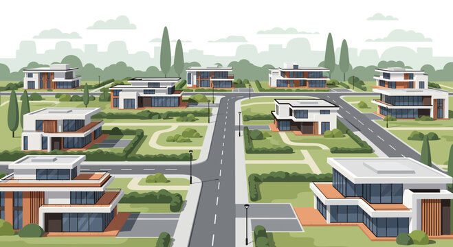 Modern suburban neighborhood with contemporary houses and manicured lawns