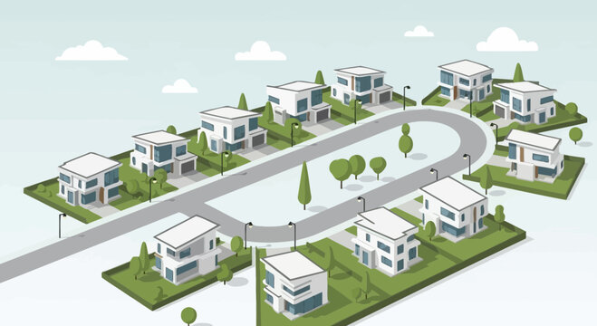 Modern suburban neighborhood with identical white houses arranged around a curved road.