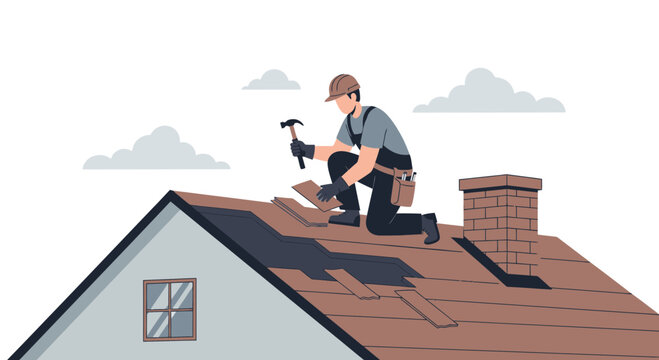 Roofer repairing damaged shingles on a house roof with a hammer, construction work