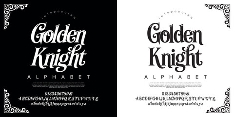 Golden Knight classic medieval serif alphabet font vector with vintage corner ornament design © happy