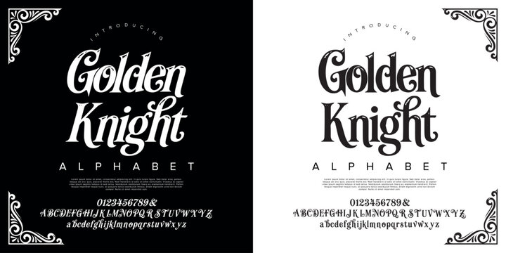 Golden Knight classic medieval serif alphabet font vector with vintage corner ornament design