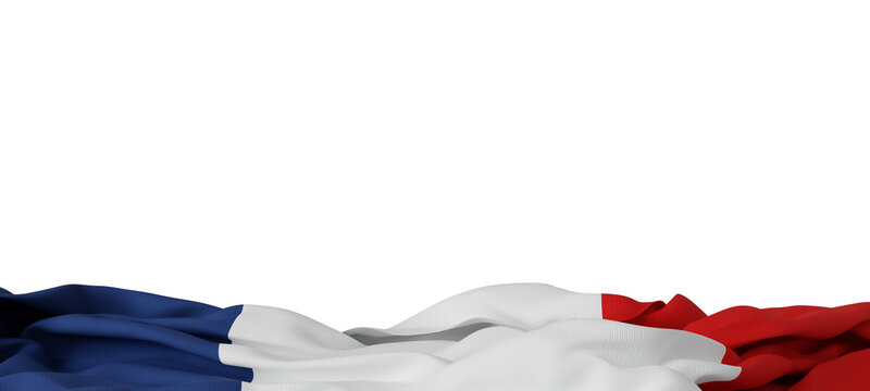 French flag isolated on transparent background with fabric texture and copy space 3D render