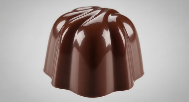 A single dark chocolate candy with a fluted shape on a light gray background.