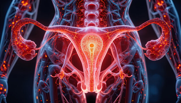 Glowing visualization highlights the human female reproductive system with intricate details.