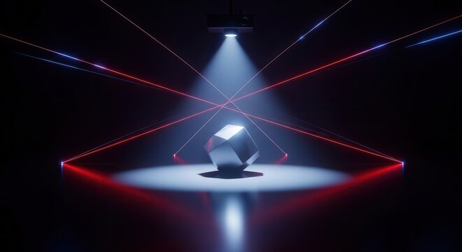 A spotlight shining on a cube.
